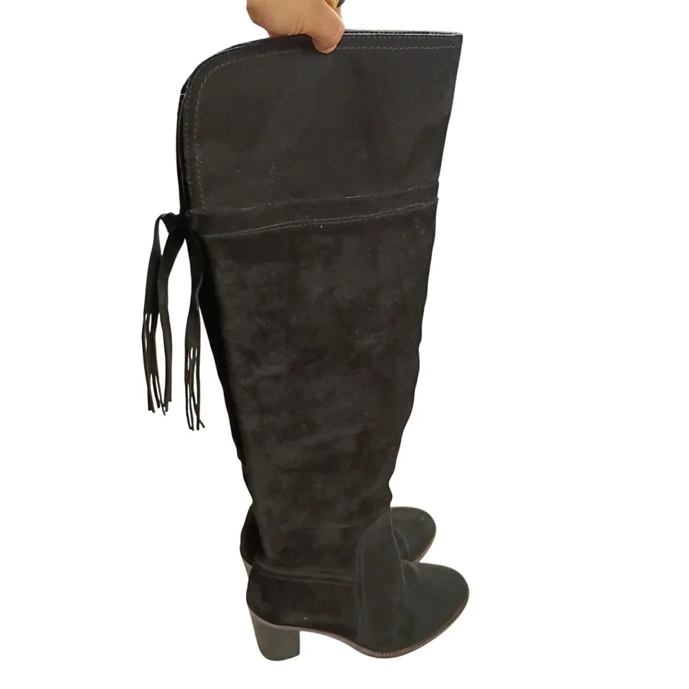 Franco Sarto Over the Knee Boots Womens 8.5 Black Suede Block Heel Fringe